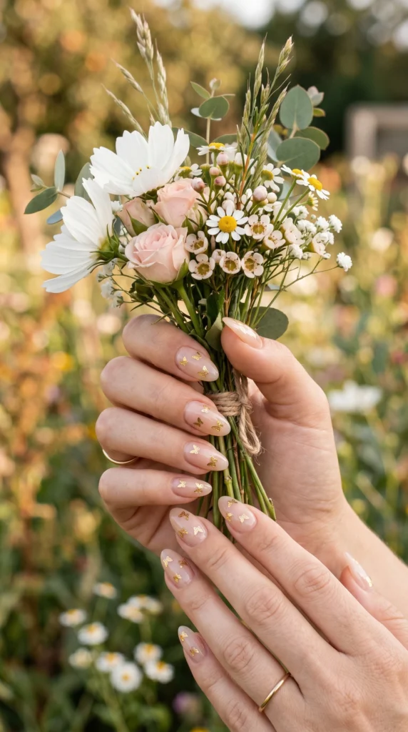 Almond nails in sheer nude with tiny gold butterfly foil accents glossy finish for soft girl look