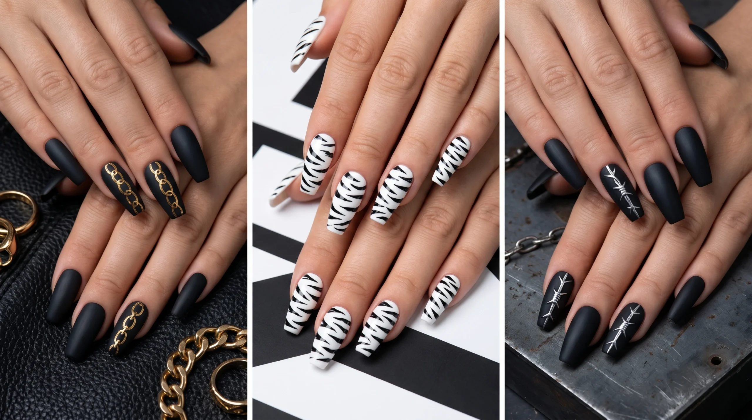 Long coffin nails in matte black with gold chrome accent and diamond rhinestones baddie energy look
