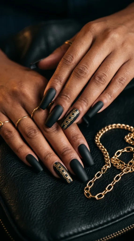 Coffin nails in matte black with hand-painted gold chain link art accent nails baddie energy look