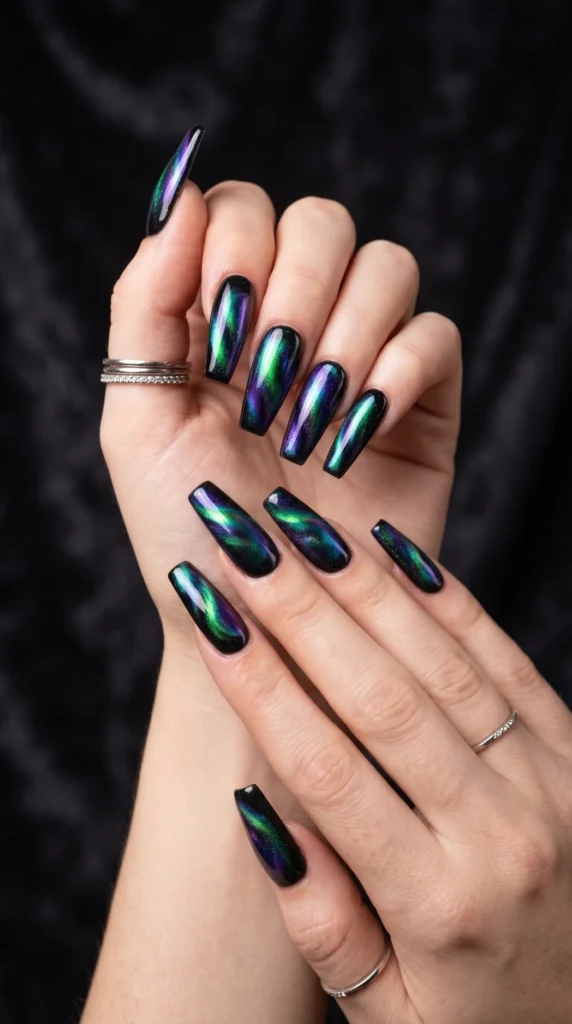 Long coffin nails in black with aurora chrome overlay shifting green blue purple like northern lights baddie