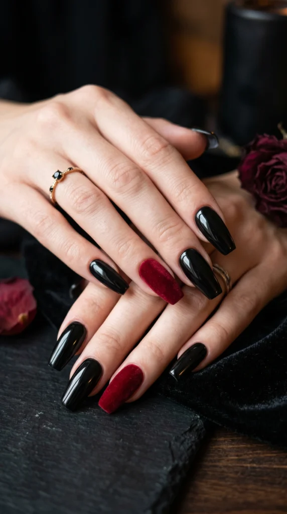 Coffin nails in glossy black with deep red velvet matte accent nail dark romance baddie contrast