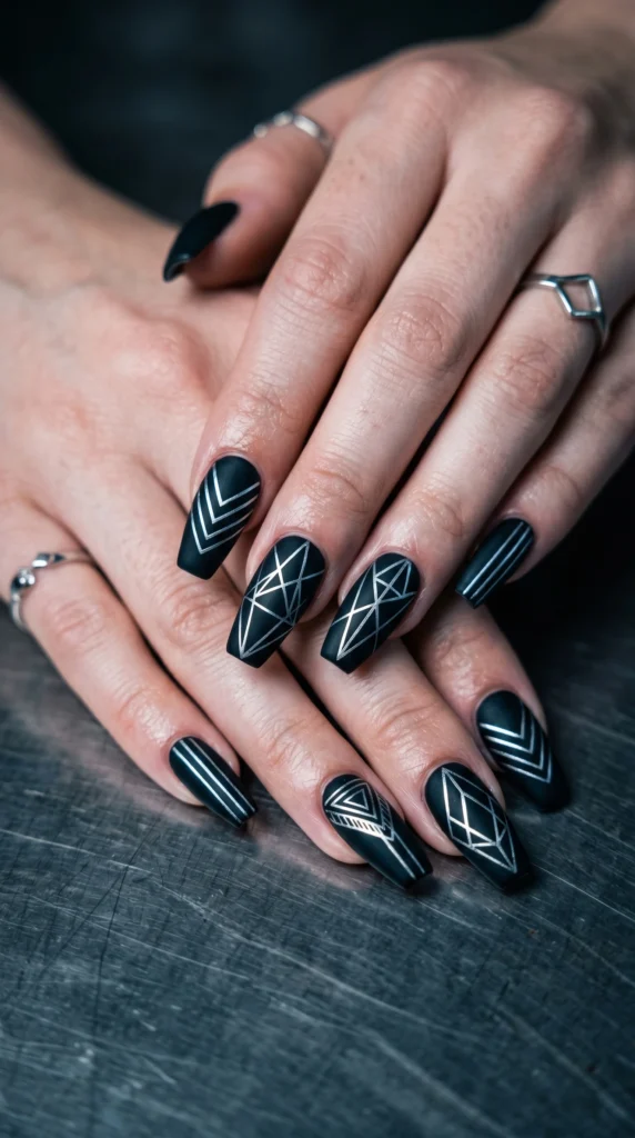 Coffin nails in matte black with silver geometric line art triangles angles baddie technical editorial