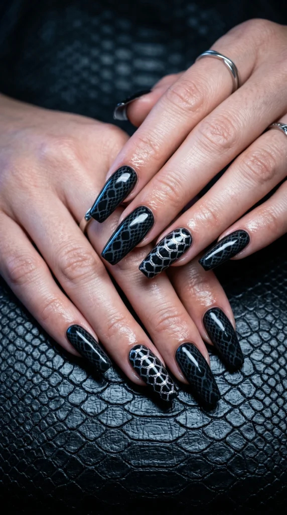 Coffin nails in black with snakeskin scale texture pattern charcoal silver accent baddie animal print