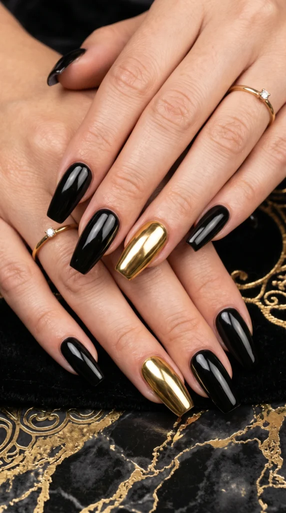  Coffin nails glossy black with single full gold chrome mirror accent nail dramatic contrast baddie luxe
