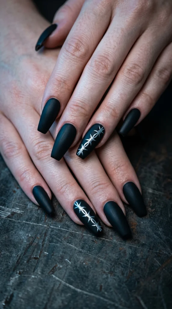  Coffin nails in matte black with silver barbed wire line art accent nails edgy baddie industrial detail