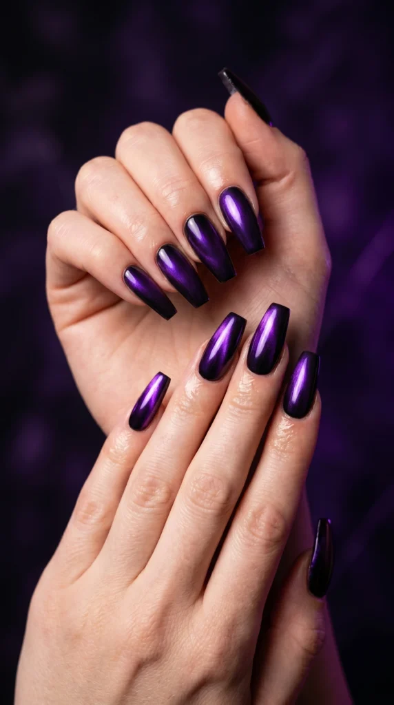 Coffin nails in black with purple chrome shift overlay violet color shift in light baddie galaxy look