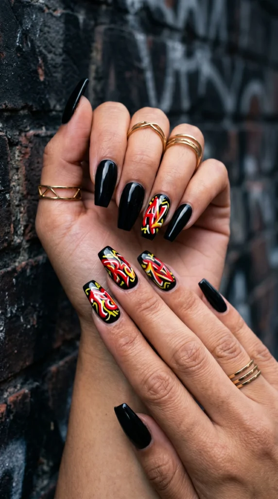 Coffin nails in glossy black with bold graffiti letter art in red white yellow accent nails urban baddie
