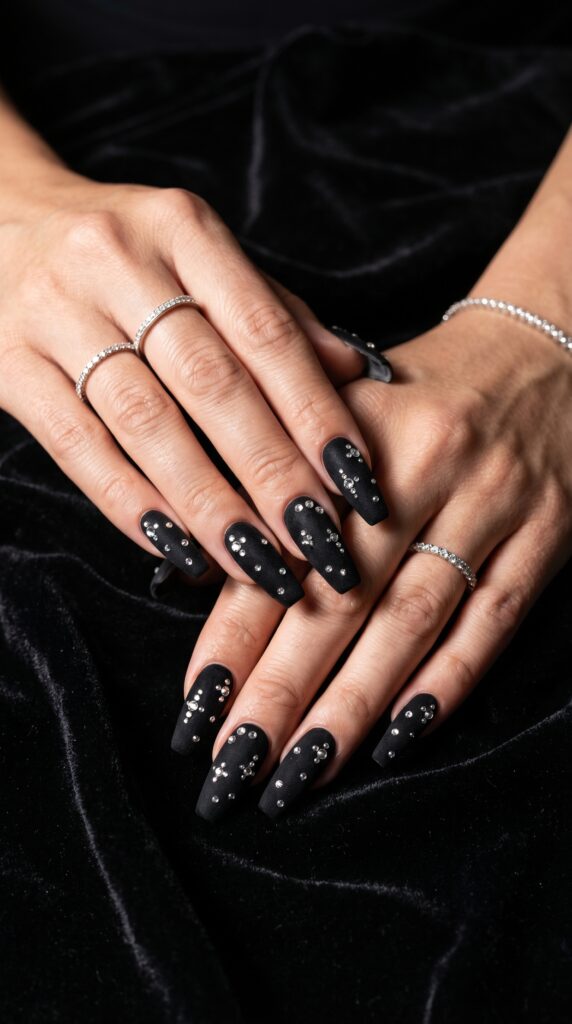 Coffin nails in black velvet matte with scattered clear diamond rhinestones constellation dark luxe baddie