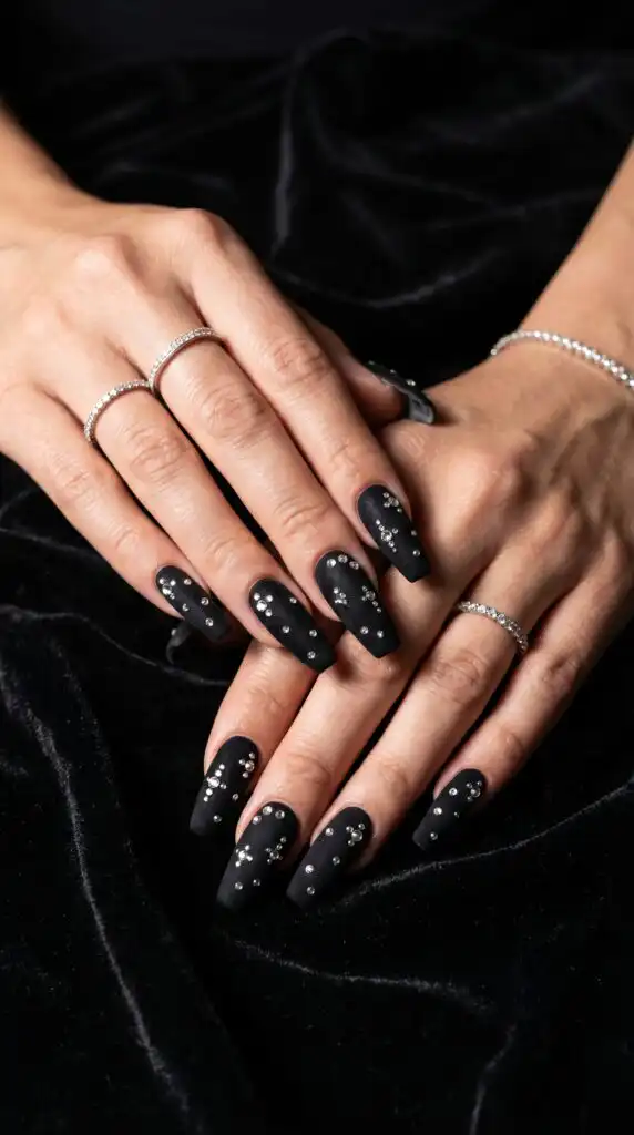 Coffin nails in black velvet matte with scattered clear diamond rhinestones constellation dark luxe baddie