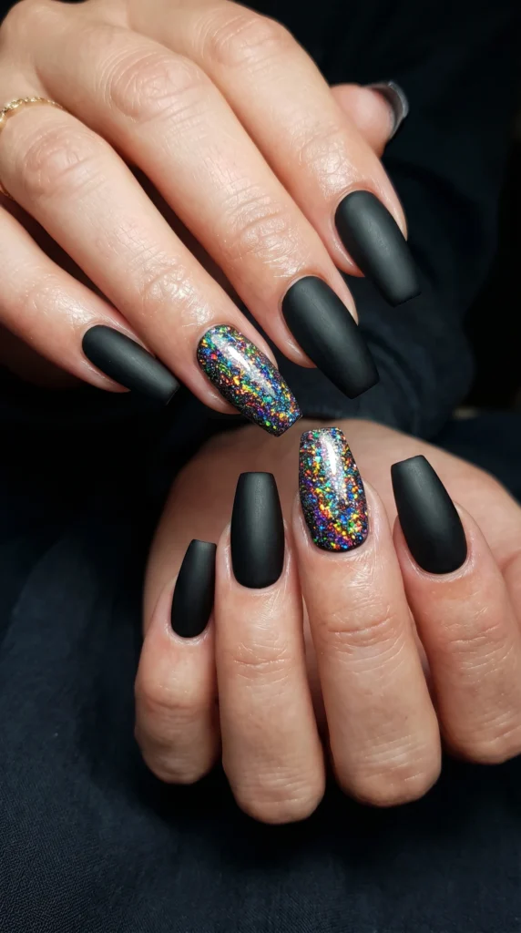 Coffin nails in matte black with single holographic rainbow glitter accent nail stark contrast baddie