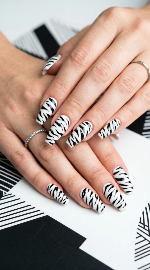 Coffin nails in white with bold black tiger stripe art marks fierce graphic baddie animal print