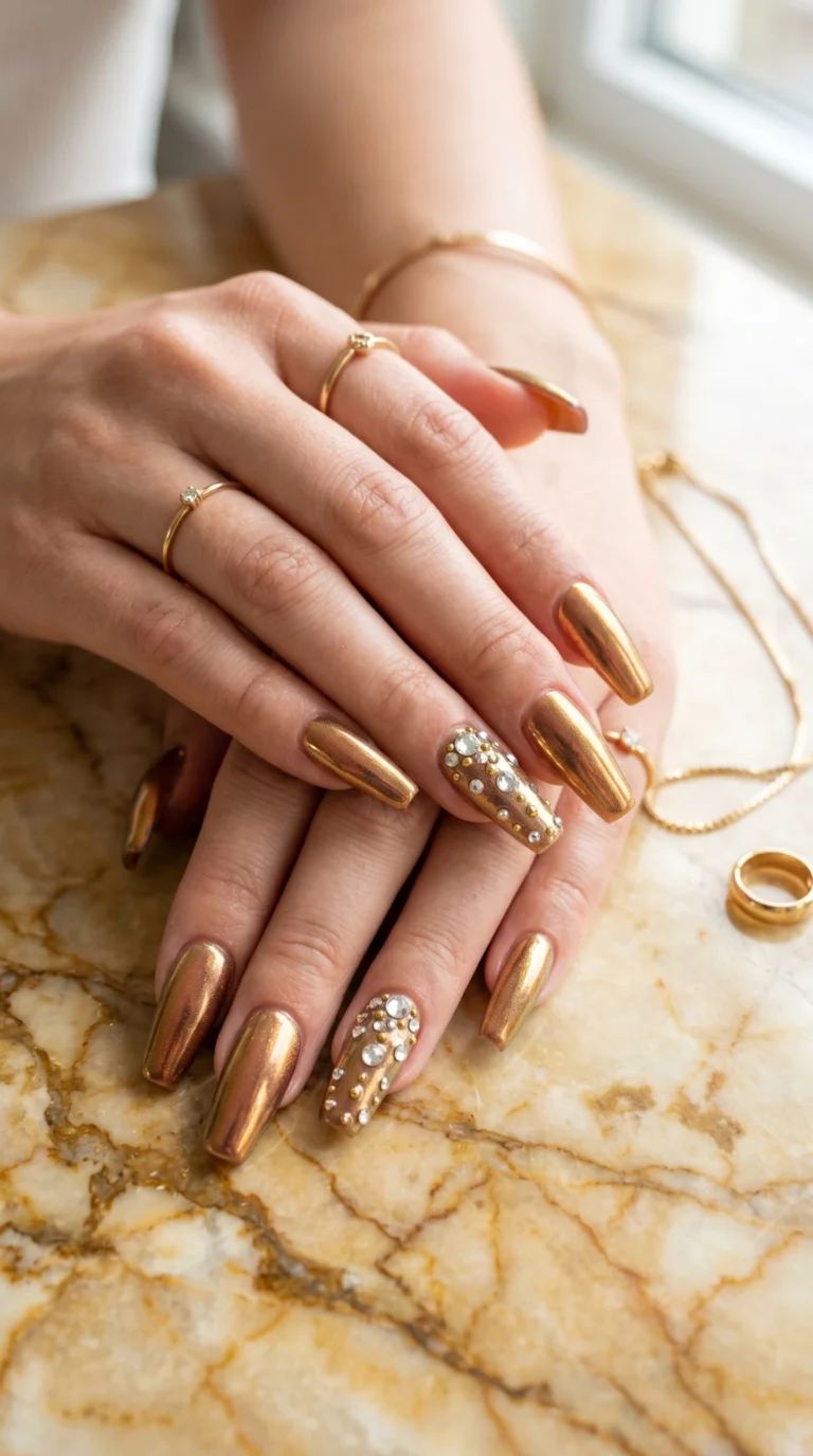Long coffin nails in caramel chrome glaze with diamond rhinestone accent for expensive elegant look