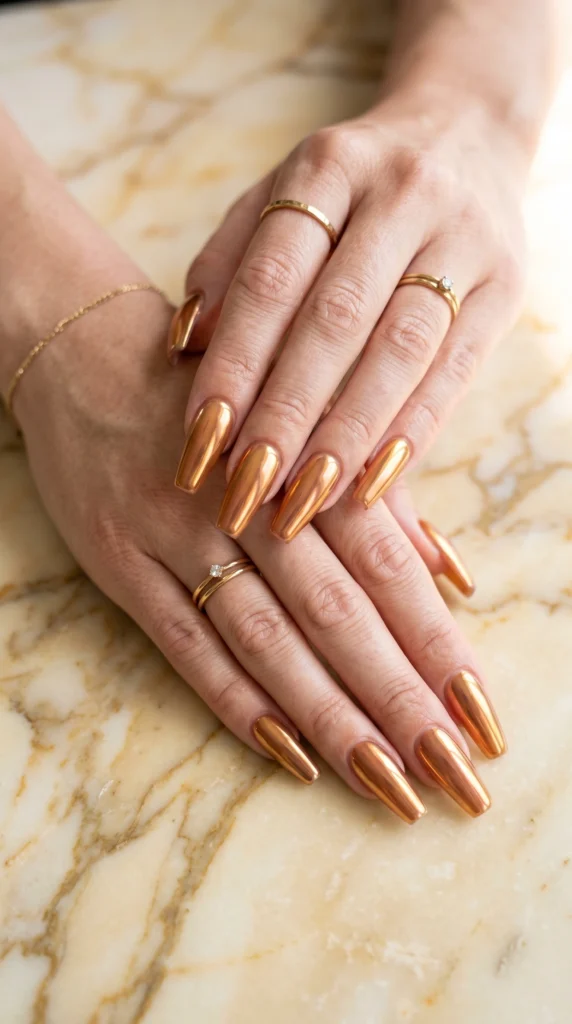 Long coffin nails in caramel milky base with glazed chrome shifting gold copper bronze for expensive look