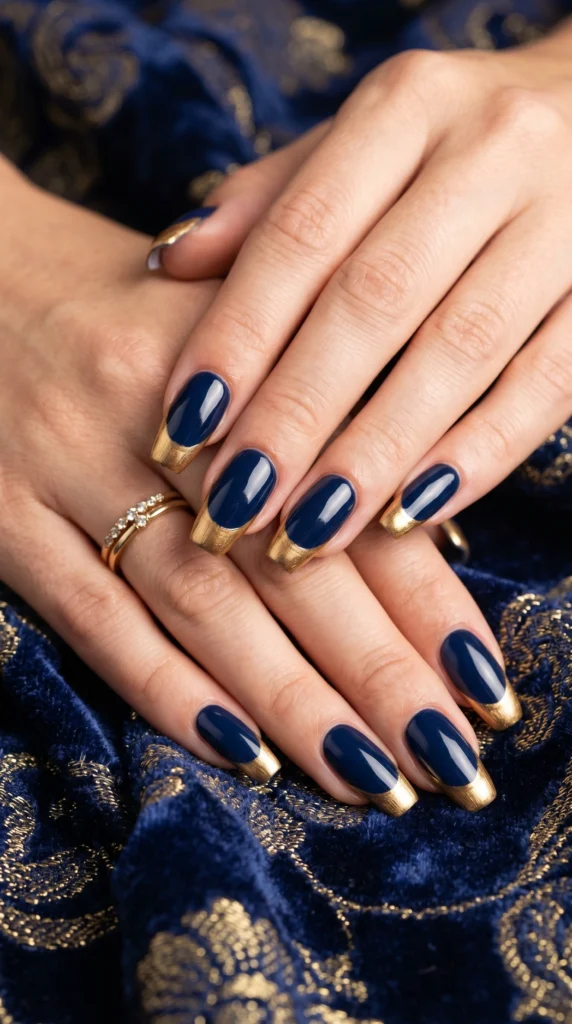 Coffin nails in deep navy blue with wide brushed gold French tip for classically luxurious elegant look