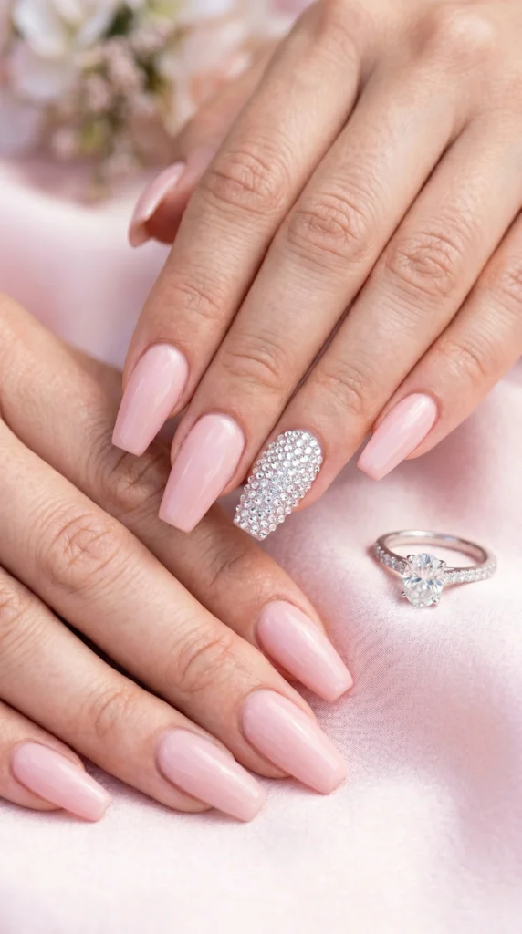 Coffin nails in blush pink with fully rhinestone-covered accent nail for glamorous expensive statement