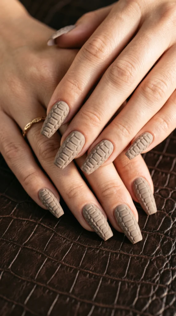 Coffin nails in warm taupe matte with embossed crocodile skin texture pattern for Hermès-inspired luxury