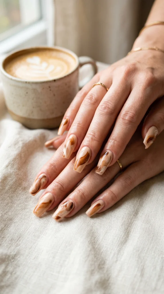 Coffin nails in creamy latte with hand-painted warm caramel mocha brushstroke abstract art glossy finish