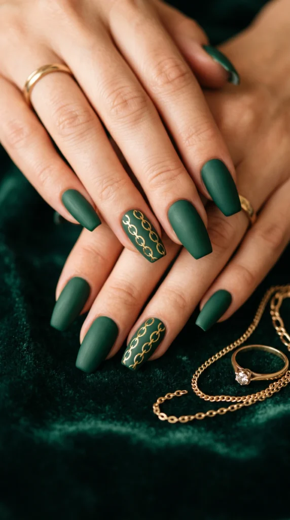 Coffin nails in matte forest green with hand-painted gold chain link art accent nails luxury jewelry look