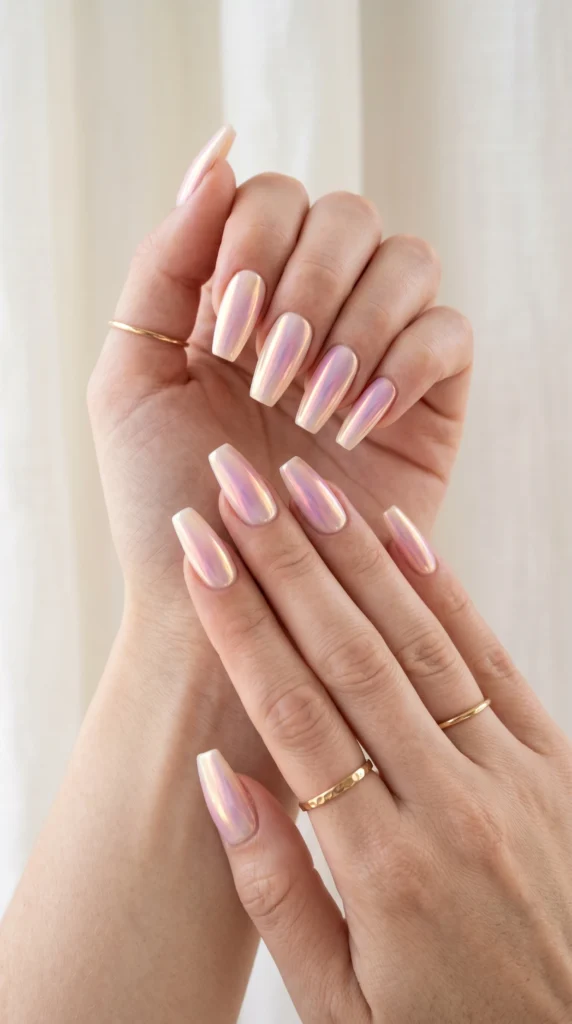 Coffin nails in ivory with aurora chrome shifting white pink lavender gold for ethereal expensive look