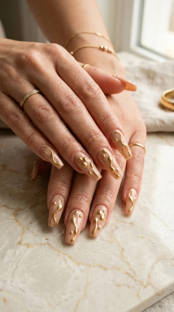Coffin nails in warm nude with 3D gold gel droplet art in clusters like frozen liquid gold for luxury look