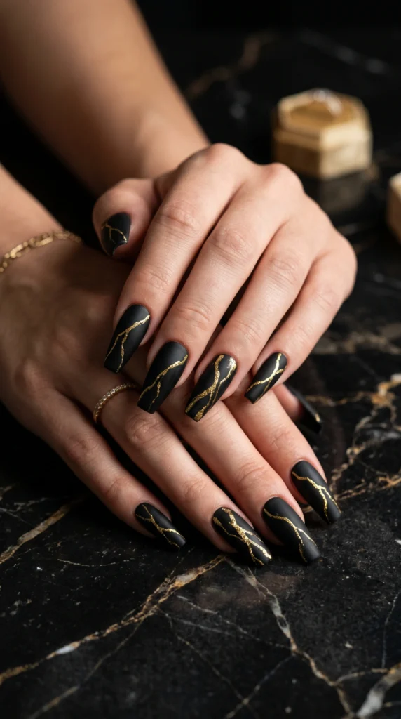 Coffin nails in matte jet black with gold foil vein lines across each nail for dramatic luxury look