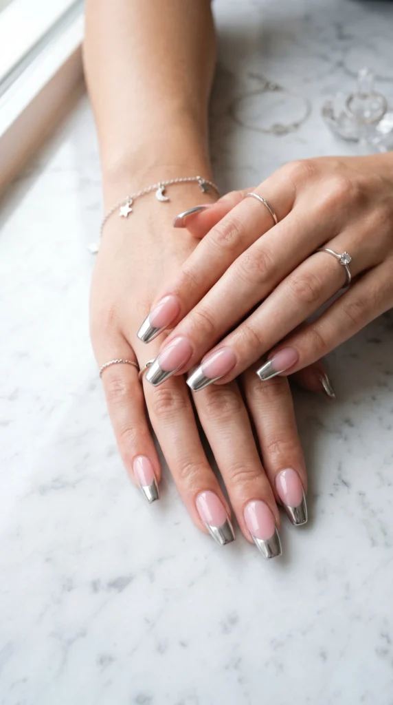  Coffin nails in sheer pink with platinum chrome mirror French tips replacing classic white for luxe update