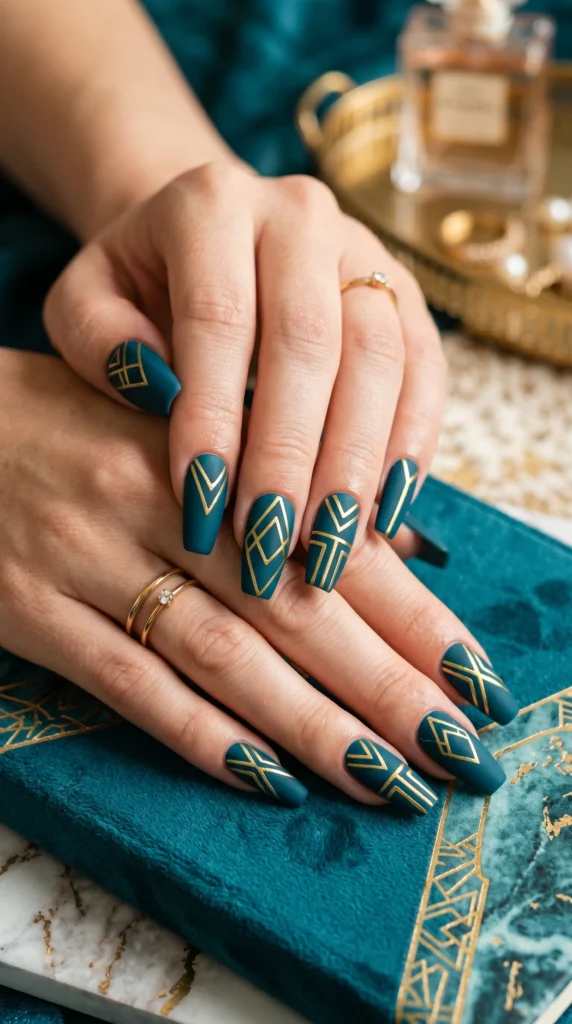 Coffin nails in matte deep teal with hand-painted gold geometric triangle and line art for editorial luxury
