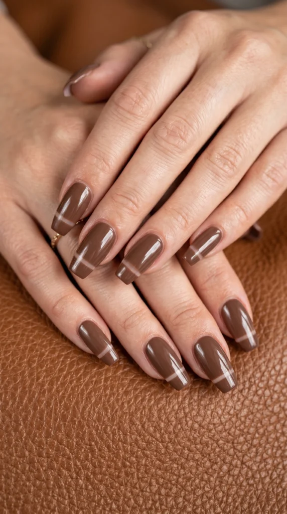 Coffin nails in mocha brown with thin horizontal negative space line near tip for architectural modern luxury
