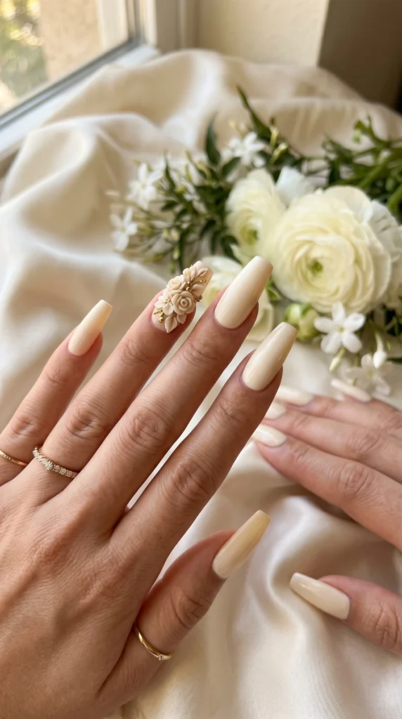 Coffin nails in warm ivory with sculpted 3D acrylic floral bouquet crown on accent nail for opulent luxury