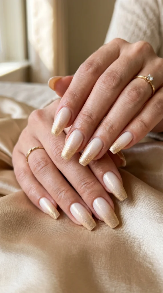 Coffin nails with ivory to champagne gold ombre and diamond shimmer dust for understated luxury