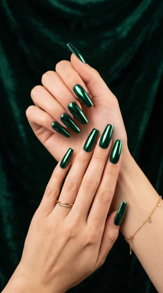 Long coffin nails in deep emerald green full mirror chrome finish jewel tone for expensive statement look