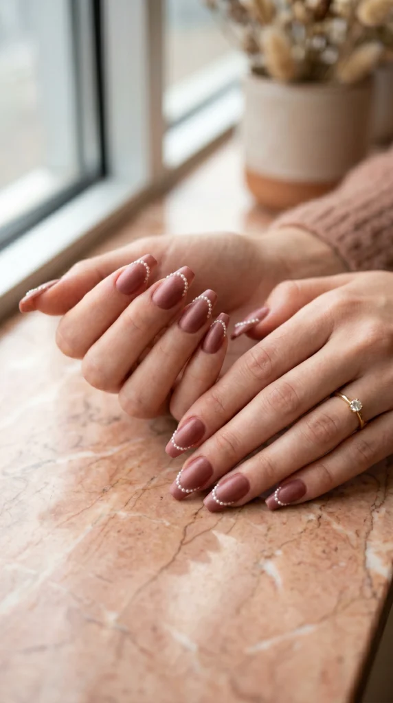 Coffin nails in rosewood satin with micro-pearl arc tip replacing French line for refined Paris salon look