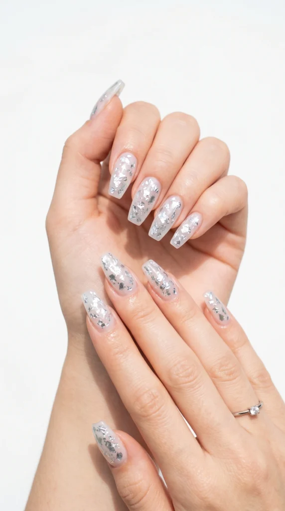 Coffin nails in sheer icy jelly base with silver foil shards pressed inside translucent gel for crystal effect