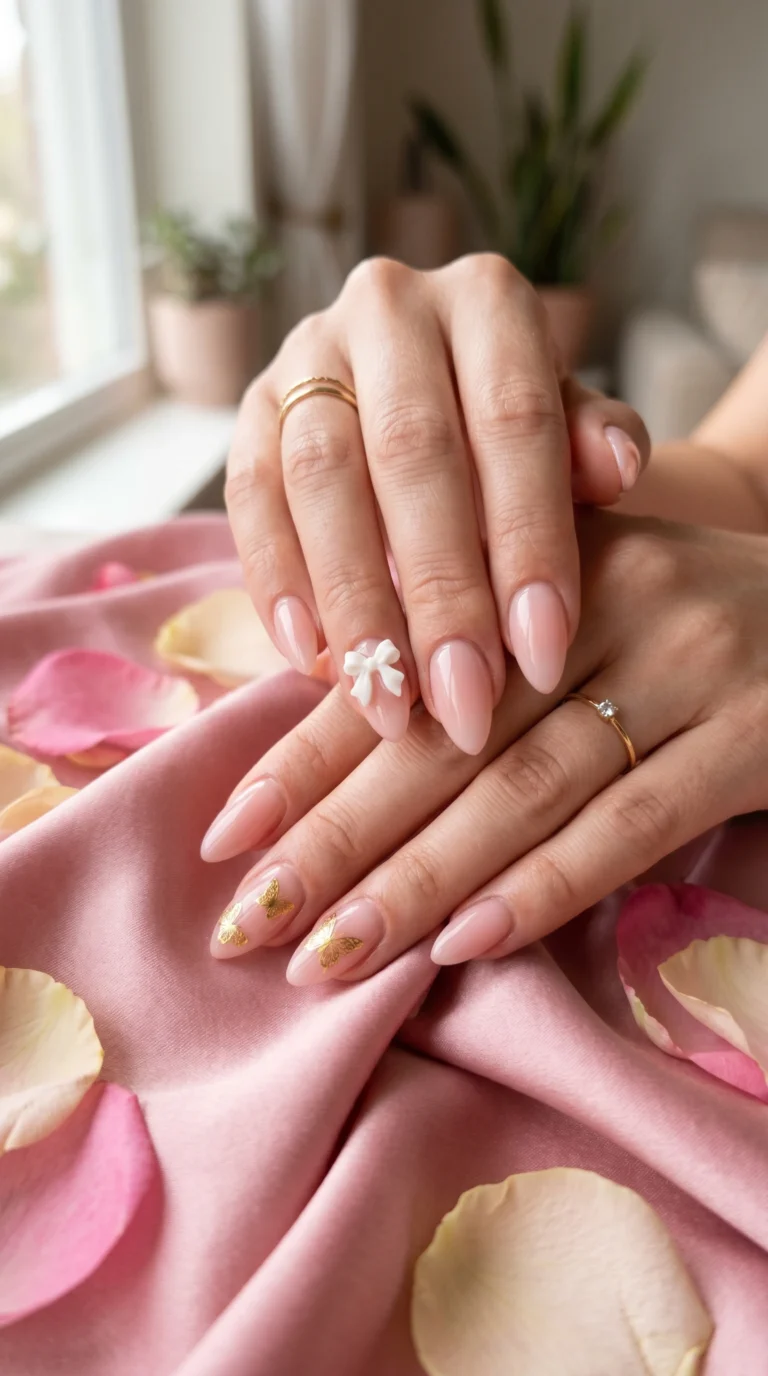 Almond nails in sheer blush pink with 3D bow charm and gold butterfly foil for soft girl aesthetic