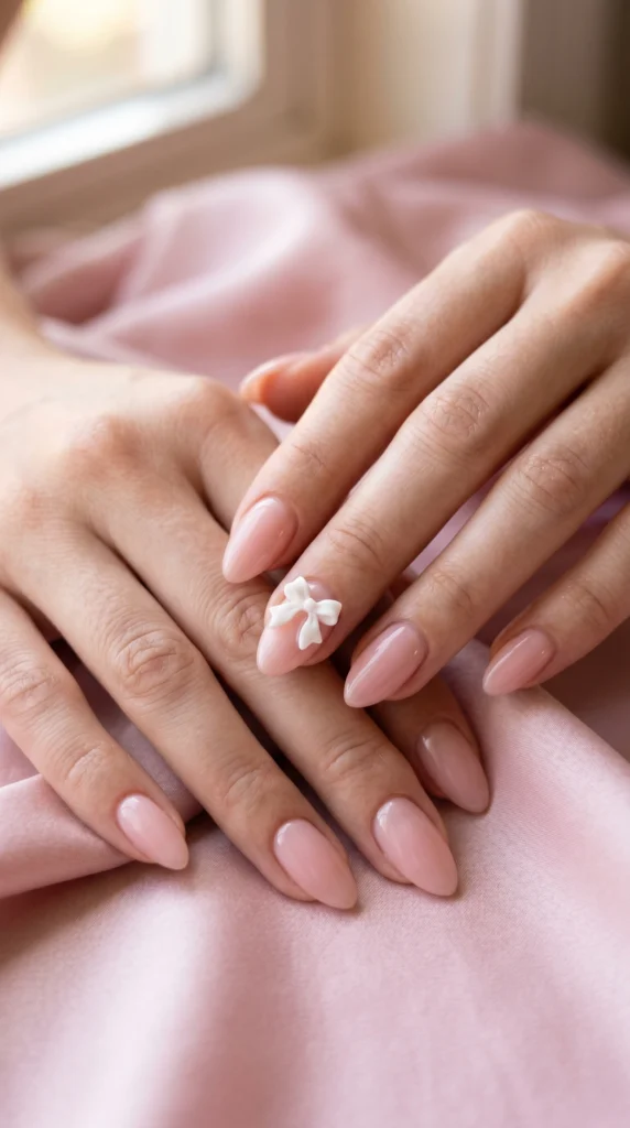 Almond nails in sheer blush pink with 3D white bow gem accent nail for soft girl aesthetic