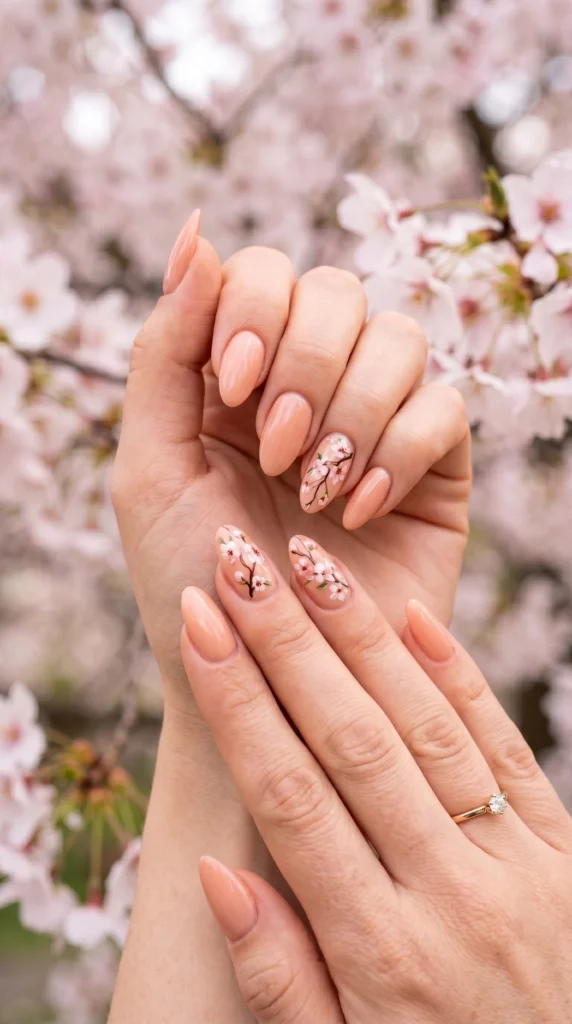 Almond nails in peach fuzz base with hand-painted cherry blossom branch accent art for spring soft girl