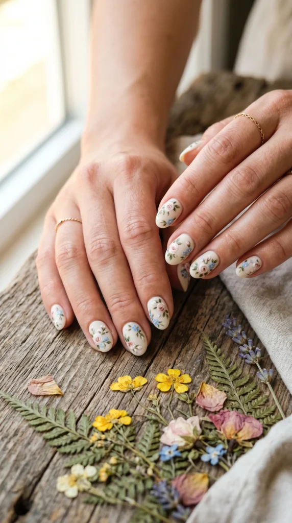 Short oval nails in creamy white matte with hand-painted cottagecore floral clusters soft girl aesthetic