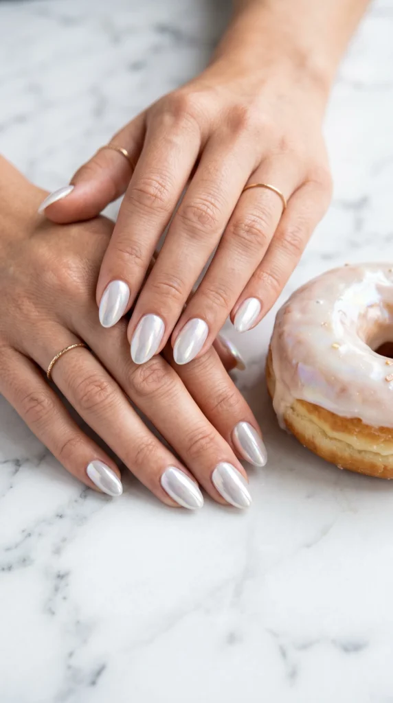 Short almond nails in milky white with iridescent glazed donut chrome finish for trendy soft girl look