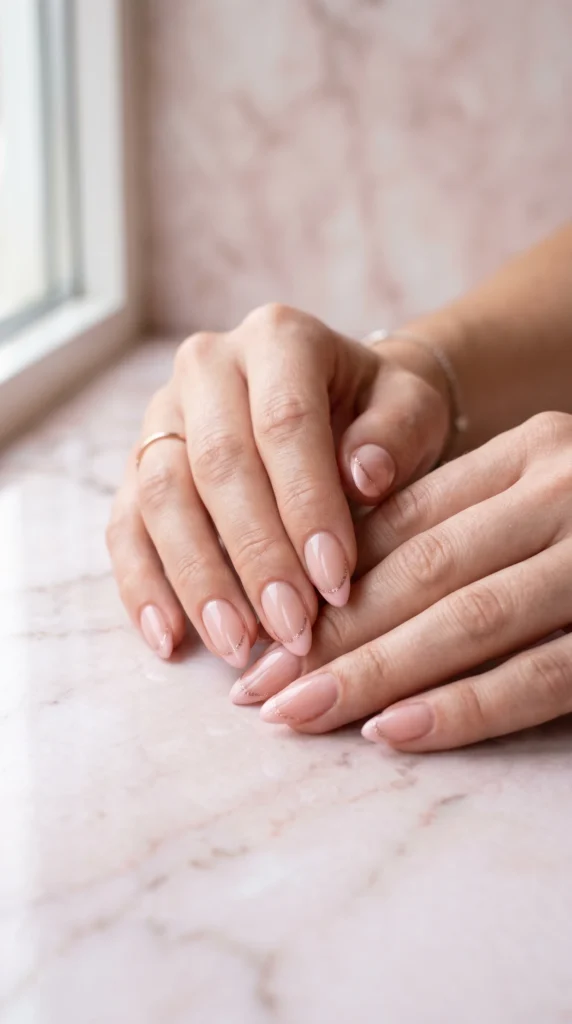 Almond nails in sheer pink with blush French tip and rose gold glitter lined edge for soft girl