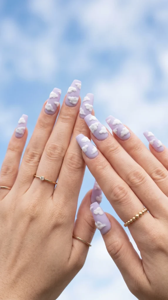 Coffin nails in pale lavender with 3D white cloud puff texture art matte finish for dreamy soft girl