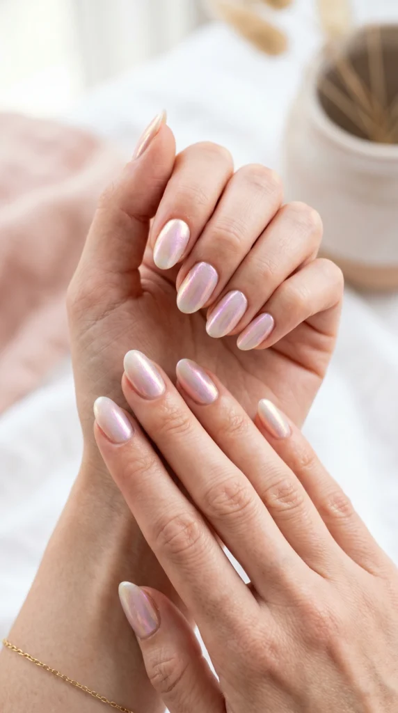 Oval nails in creamy white with iridescent pearl shimmer shifting pink lavender gold for soft girl