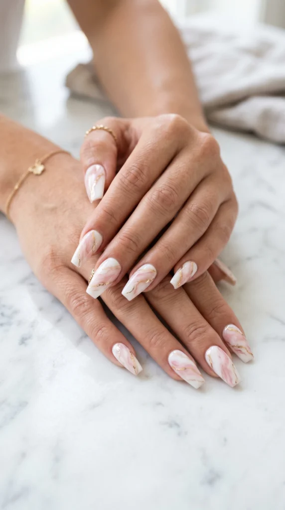 Coffin nails with soft pink marble art white base blush swirls gold veining glossy finish soft girl