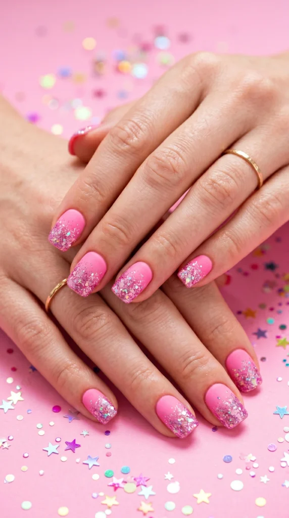 Short square nails in bubblegum pink matte with chunky holographic glitter gradient tip soft girl fun