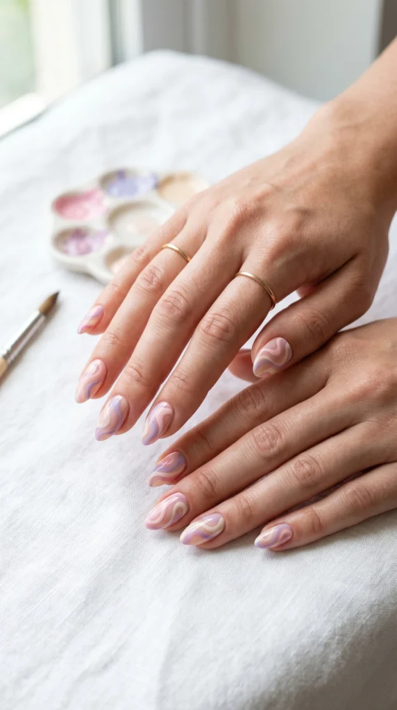 Almond nails with abstract pastel swirl art in blush lavender cream glossy finish for dreamy soft girl