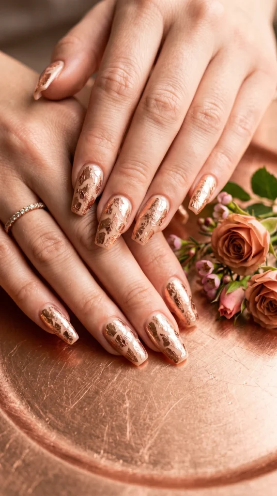 Coffin nails in soft nude with crinkled rose gold foil patchwork glossy finish for warm soft girl look