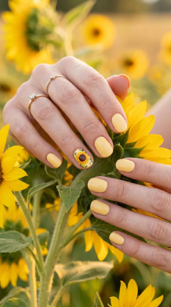 Short round nails in soft pastel yellow with hand-painted miniature sunflower accent for cheerful soft girl