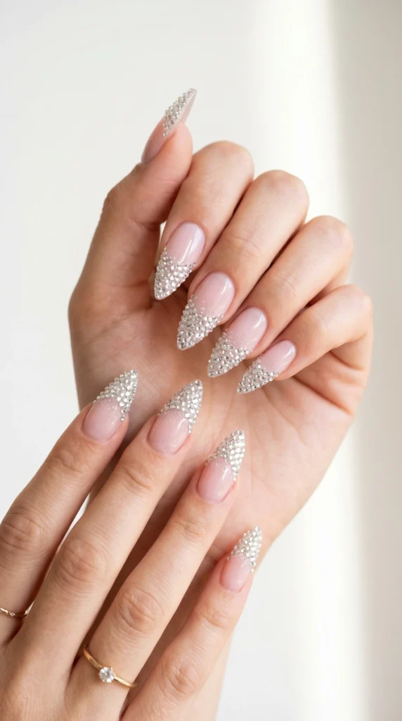 Stiletto nails in sheer icy pink with dense crystal rhinestone tips for fairy tale soft girl editorial