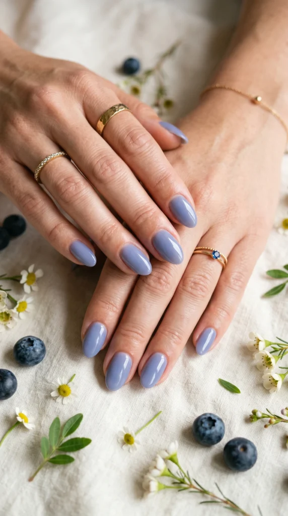  Oval nails in muted dusty periwinkle blueberry milk color semi-sheer finish for trendy soft girl look