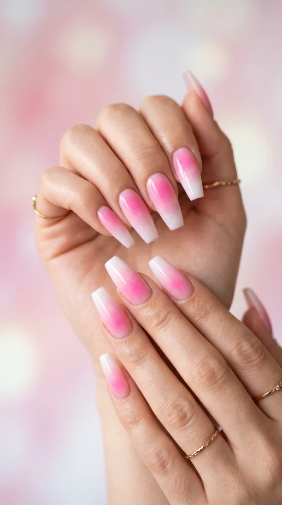 Coffin nails with pink aura gradient blending hot pink blush and white dreamy finish for soft girl