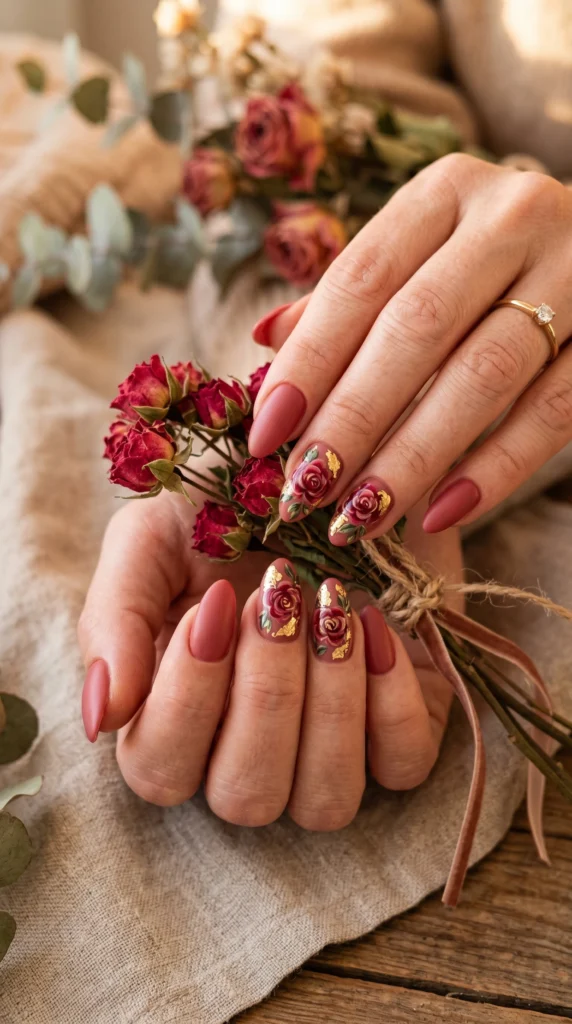 Almond nails in dusty rose-red with hand-painted miniature roses and gold leaf accents for romantic look